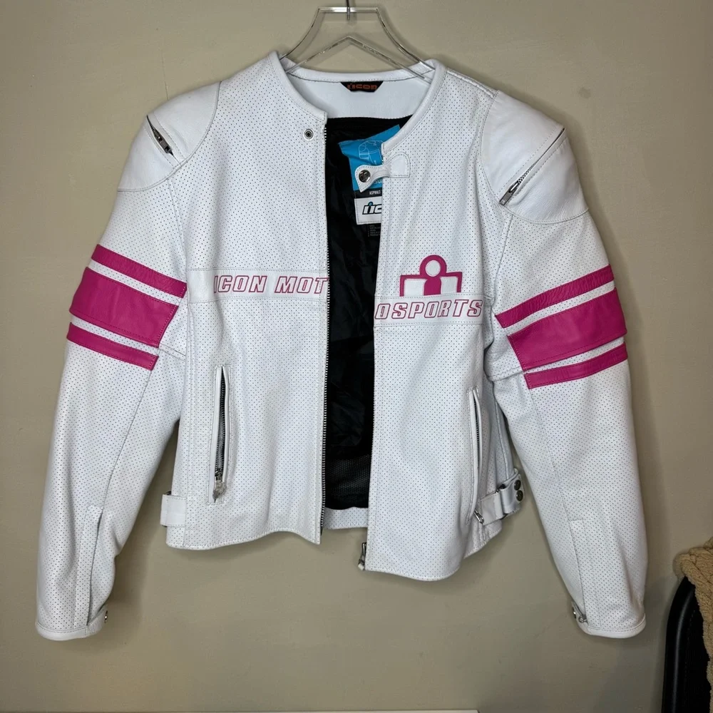 Icon Pursuit Jacket Kitty White & Pink Moto Sports Leather Jacket size XL NWOT - Picture 4 of 16